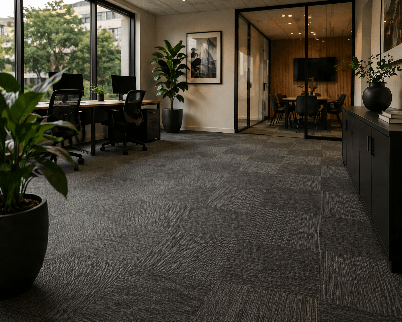 Carpet tiles installed in a modern office layout