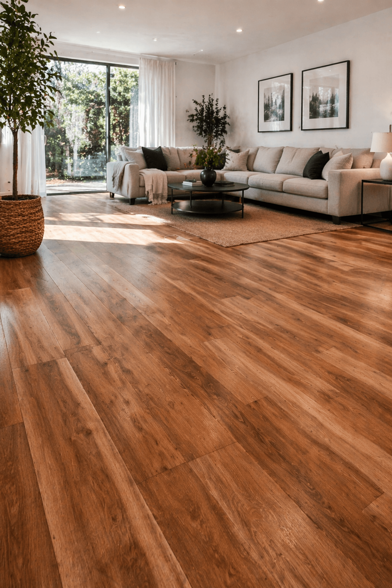 Spotted gum style hybrid flooring in a bright family living room