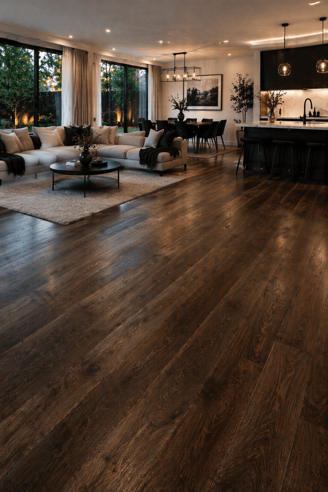 Dark engineered timber flooring in a premium open-plan Melbourne interior